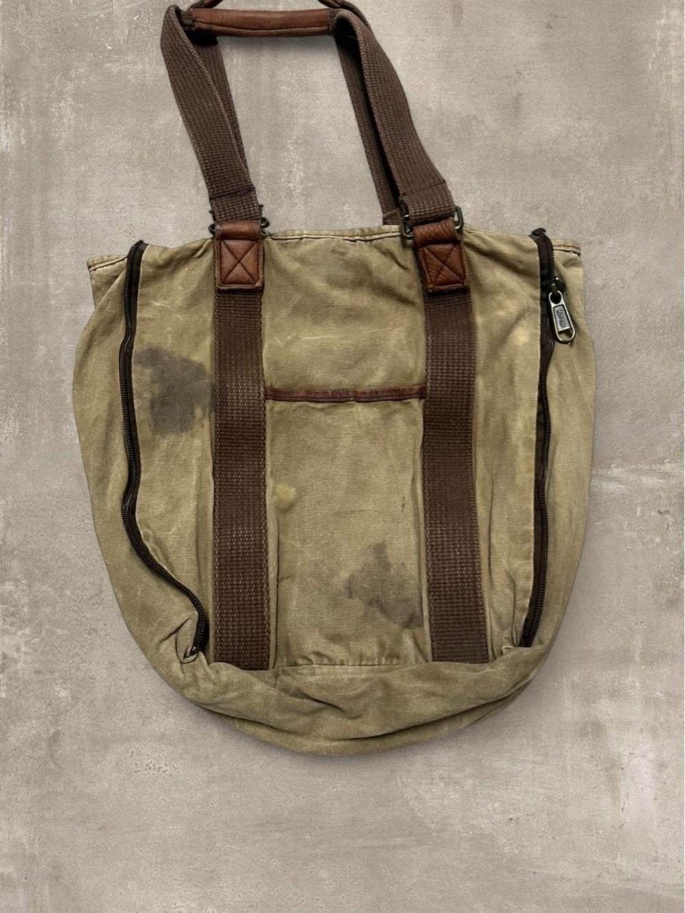 Duluth Trading Co Canvas Utility Tote Bag Tan Brown Leather Trim - Picture 2 of 3